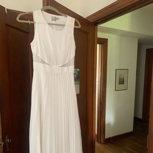 White ASOS mesh insert midi dress with pleated skirt